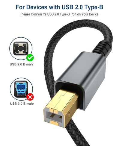 كابل طابعة USB بطول 20 قدمًا وكابل MIDI، سلك USB 2.0 طويل جدًا من النوع A إلى B، سلك ماسح ضوئي مجدول من النايلون مطلي بالذهب متوافق مع HP وCanon وEpson وYamaha Digital Piano وDAC وواجهة الصوت - رمادي in Kuwait