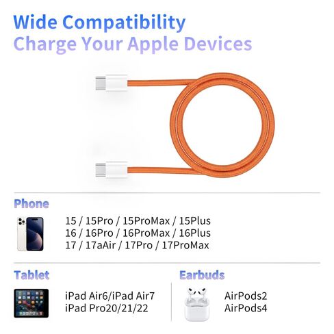 كابل USB C إلى USB C لهاتف iPhone 17 3.3 قدم، سلك شحن سريع من النايلون المضفر 60 وات من النوع C لأجهزة Apple، سلك USBC إلى C لهاتف iPhone 17 16 15 Pro Max/16 15 Pro/16 15، iPad Pro/Air، MacBook، عبوتين، برتقالي in Kuwait