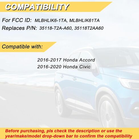 Vurkcy Key Fob Replacement for 2016-2020 Honda Civic/ 16-17 Accord Car Keyless Entry Remote Control, MLBHLIK6-1TA MLBHLIK61TA, 4 Buttons in Kuwait
