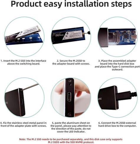 Type C USB 3.1 M.2 NGFF SSD External Enclosure - Portable Tool-Free Aluminum Case for SATA B+M Key 2230/2242/2260/2280 NVMe Solid State Drives, 6Gbps High Speed Data Transfer (Black)‌ in Kuwait