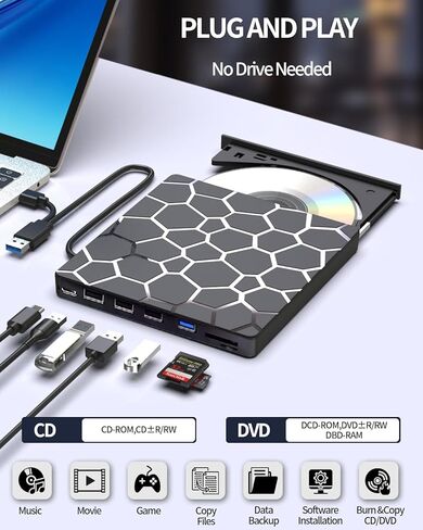 8 in 1 External CD/DVD Drive,USB 3.0 and Type-C Disc Burner Player Reader Writer,Slim and Portable CD DVD +/-RW Optical Drive for PC Laptop Desktop MacBook Mac Windows Linux OS Apple in Kuwait