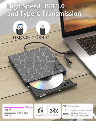 8 in 1 External CD/DVD Drive,USB 3.0 and Type-C Disc Burner Player Reader Writer,Slim and Portable CD DVD +/-RW Optical Drive for PC Laptop Desktop MacBook Mac Windows Linux OS Apple in Kuwait
