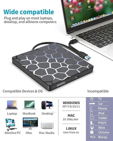 8 in 1 External CD/DVD Drive,USB 3.0 and Type-C Disc Burner Player Reader Writer,Slim and Portable CD DVD +/-RW Optical Drive for PC Laptop Desktop MacBook Mac Windows Linux OS Apple in Kuwait