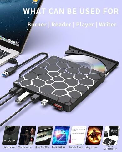 8 in 1 External CD/DVD Drive,USB 3.0 and Type-C Disc Burner Player Reader Writer,Slim and Portable CD DVD +/-RW Optical Drive for PC Laptop Desktop MacBook Mac Windows Linux OS Apple in Kuwait