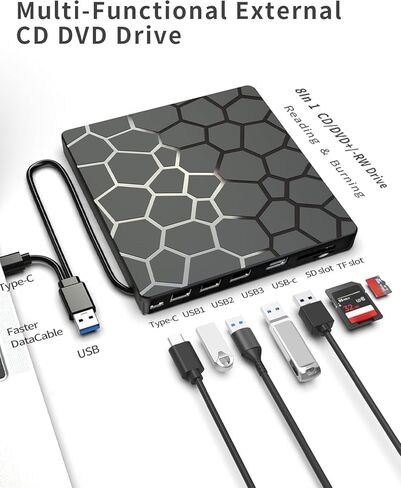 8 in 1 External CD/DVD Drive,USB 3.0 and Type-C Disc Burner Player Reader Writer,Slim and Portable CD DVD +/-RW Optical Drive for PC Laptop Desktop MacBook Mac Windows Linux OS Apple in Kuwait