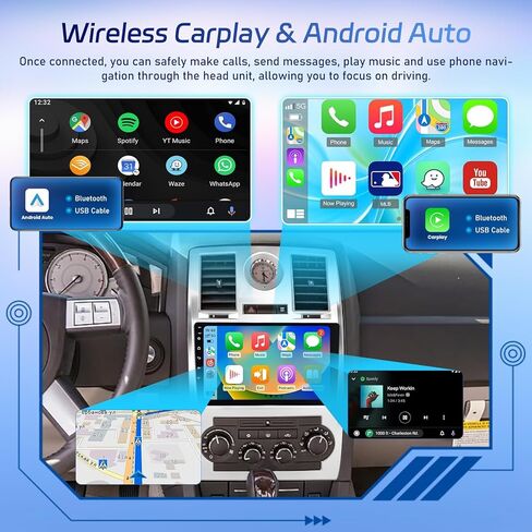 [Qualcomm 8 Core 4+64G] راديو سيارة Android 15 لسيارة Chrysler 300C 300 2004-2011، ستيريو سيارة بشاشة لمس 9 بوصات 1280 * 720 IPS مع تشغيل لاسلكي وAndroid Auto/DSP/GPS/SWC + كاميرا احتياطية AHD in Kuwait