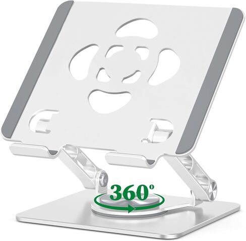 حامل كمبيوتر لوحي يدور 360 درجة - حامل iPad من الألومنيوم قابل للتعديل للمكتب، قاعدة دوارة قابلة للطي متوافقة مع iPad Pro/Air/Mini، Kindle، الهواتف (حتى 13 بوصة، بحد أقصى 5.5 رطل/2.5 كجم) (فضي) in Kuwait