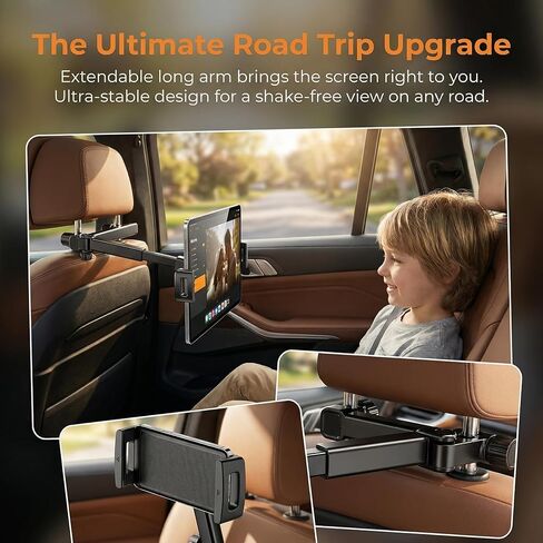 Car Headrest Tablet Holder - [3 in 1 Extension Arm] Adjustable Tablet Car Mount for Back Seat, Gifts Road Trip Essentials-Black in Kuwait
