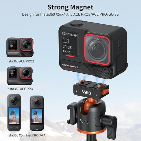 حامل ثلاثي مغناطيسي VRIG مقاس 21 بوصة لجهاز Insta360 ACE Pro2 X5 مع جهاز تحكم عن بعد لاسلكي، وقضيب تمديد صغير سريع الفك للمكتب ومقبض محمول مع حذاء بارد لـ Insta360 X5/X4 Air/ACE PRO in Kuwait