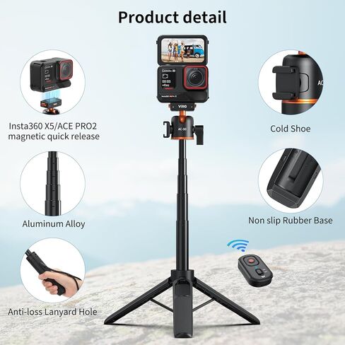 حامل ثلاثي مغناطيسي VRIG مقاس 21 بوصة لجهاز Insta360 ACE Pro2 X5 مع جهاز تحكم عن بعد لاسلكي، وقضيب تمديد صغير سريع الفك للمكتب ومقبض محمول مع حذاء بارد لـ Insta360 X5/X4 Air/ACE PRO in Kuwait