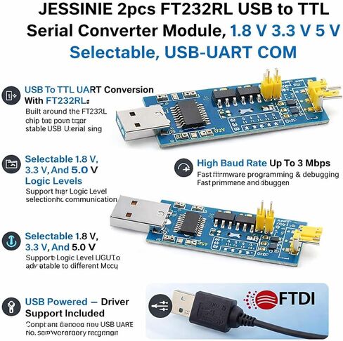 2pcs FT232RL USB to TTL Serial Converter Module, 1.8 V 3.3 V 5 V Selectable, USB‑UART COM in Kuwait
