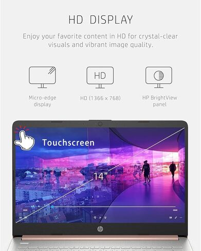 HP 14 inch Touchscreen Laptop - Intel Celeron Dual Core Processor - 16GB RAM, 64GB Storage - Pale Rose Gold - Fast Charging - USB Type C - 10 Hour Battery - 5Gbs USB - Windows 11 in Kuwait