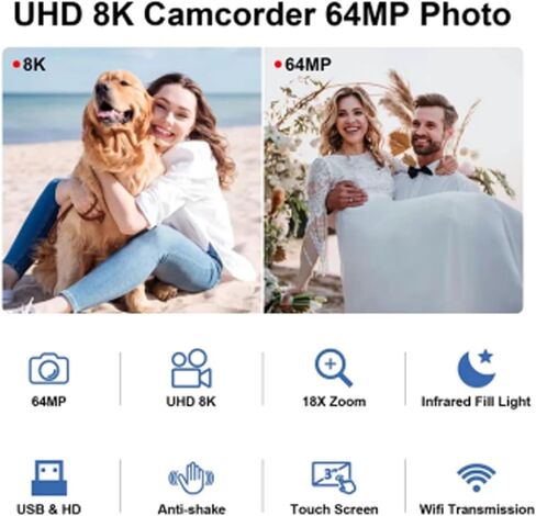 كاميرا فيديو 8K، كاميرا فيديو عالية الدقة 64 ميجابكسل مع شاشة لمس 3.0 بوصة، تكبير رقمي 18x وتثبيت 6 محاور، كاميرا تسجيل فيديو مع ميكروفون للتصوير الفوتوغرافي in Kuwait