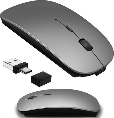 ماوس لاسلكي لأجهزة MacBook وiPad، بلوتوث 5.2/3.0 و2.4G USB-C/USB-A، ماوس نحيف صامت قابل لإعادة الشحن مع تبديل الأجهزة المتعددة ووضع النشاط لمنع قفل الشاشة - رمادي in Kuwait