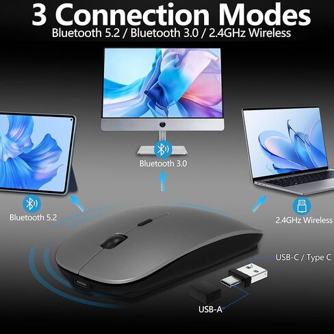 Wireless Mouse for MacBook & iPad, Bluetooth 5.2/3.0 & 2.4G USB-C/USB-A, Rechargeable Silent Slim Mouse with Multi-Device Switching & Activity Mode to Prevent Screen Lock - Gray in Saudi Arabia