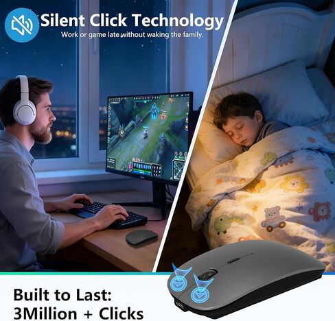 Wireless Mouse for MacBook & iPad, Bluetooth 5.2/3.0 & 2.4G USB-C/USB-A, Rechargeable Silent Slim Mouse with Multi-Device Switching & Activity Mode to Prevent Screen Lock - Gray in Saudi Arabia
