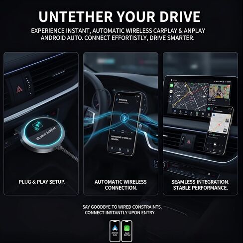 محول CarPlay لاسلكي 2 في 1 2026 لأجهزة Apple iPhone وAndroid Auto، محول توصيل وتشغيل CarPlay Dongle، اتصال تلقائي سريع، تصميم مدمج، اتصال سريع ومستقر مع منفذ USB/USB-C (رمادي) in Kuwait