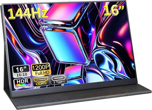 شاشة محمولة 16 بوصة 144 هرتز، شاشة ألعاب محمولة FHD 1200P HDR مع USB-C HDMI VESA وغطاء سحري، شاشة خارجية لأجهزة الكمبيوتر المحمول، الكمبيوتر الشخصي، الهاتف، PS5، Mac، Xbox، إلخ. in Kuwait