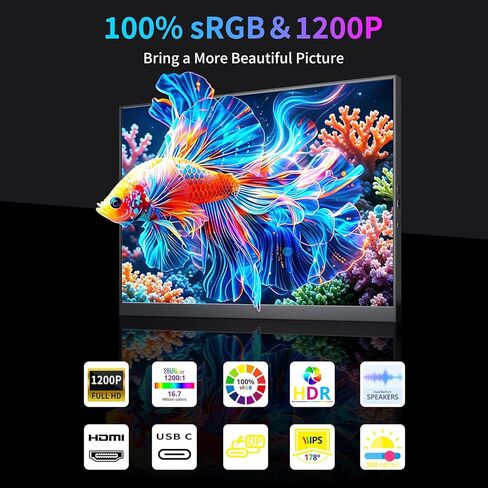 شاشة محمولة 16 بوصة 144 هرتز، شاشة ألعاب محمولة FHD 1200P HDR مع USB-C HDMI VESA وغطاء سحري، شاشة خارجية لأجهزة الكمبيوتر المحمول، الكمبيوتر الشخصي، الهاتف، PS5، Mac، Xbox، إلخ. in Kuwait