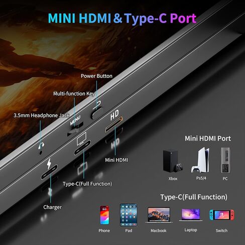 شاشة محمولة 16 بوصة 144 هرتز، شاشة ألعاب محمولة FHD 1200P HDR مع USB-C HDMI VESA وغطاء سحري، شاشة خارجية لأجهزة الكمبيوتر المحمول، الكمبيوتر الشخصي، الهاتف، PS5، Mac، Xbox، إلخ. in Kuwait