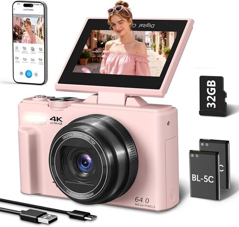 كاميرا رقمية 4K للتصوير الفوتوغرافي، كاميرا تسجيل فيديو بدقة 64 ميجابكسل لليوتيوب مع شاشة قلاب 3 بوصات 180 درجة، كاميرا مدمجة واي فاي مع تكبير رقمي 18X، تأتي مع بطاقة Micro SD سعة 32 جيجابايت وبطاريتين، وردي in Kuwait