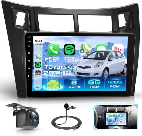 Rimoody 8 Core 6G+128G Android 15 Car Stereo for Toyota Yaris 2006-2011، Carplay Android Auto، شاشة لمس 9 بوصة راديو GPS/Bluetooth 5.0/FM RDS/DSP/5G-WiFi 360 درجة رؤية بانورامية كاميرا احتياطية SWC in Kuwait