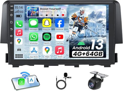 راديو سيارة 8Core 4+64GB Android 13 لسيارة Honda Civic 2016-2021: 9 بوصات IPS 1280 * 800 استبدال شاشة تعمل باللمس مع CarPlay اللاسلكي وAndroid Auto 5GWiFi Bluetooth5.0 FM/AM 36EQ SWC 1080p كاميرا GPS in Kuwait