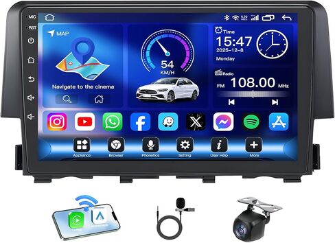 راديو سيارة 8Core 4+64GB Android 13 لسيارة Honda Civic 2016-2021: 9 بوصات IPS 1280 * 800 استبدال شاشة تعمل باللمس مع CarPlay اللاسلكي وAndroid Auto 5GWiFi Bluetooth5.0 FM/AM 36EQ SWC 1080p كاميرا GPS in Kuwait