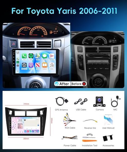 Rimoody 8 Core 6G+128G Android 15 Car Stereo for Toyota Yaris 2006-2011، Carplay Android Auto، شاشة لمس 9 بوصة راديو GPS/Bluetooth 5.0/FM RDS/DSP/5G-WiFi 360 درجة رؤية بانورامية كاميرا احتياطية SWC in Kuwait