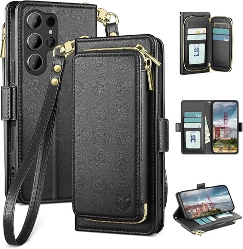 حافظة DJBEAR لهاتف Samsung Galaxy S25 Ultra للرجال والنساء، غطاء قابل للطي الكل في واحد مع 9 فتحات للبطاقات، جيب بسحاب، حزام معصم قابل للفصل، حماية كاملة للجسم لهاتف S25 Ultra Dark Purple in Kuwait