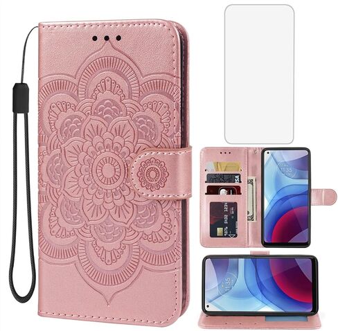 Case for Moto G Power 2021, Moto XT2117 Wallet Case with Tempered Glass Screen Protector, Leather Flip Credit Card Holder Stand Phone Cover Cases for Motorola Moto G Power 2021 Rose Gold in Kuwait