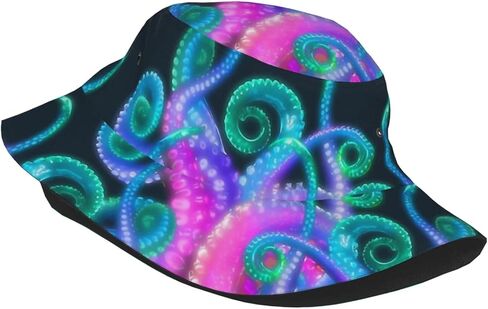 Neon Octopus Bucket Hat for Men Women Printed Fisherman Hat Packable Sun Cap Travel Outdoor Beach Caps in Kuwait
