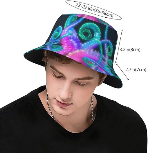 Neon Octopus Bucket Hat for Men Women Printed Fisherman Hat Packable Sun Cap Travel Outdoor Beach Caps in Kuwait