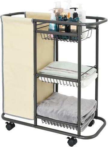 Lucalda Laundry Sorter Cart Movable Bathroom Organizer Gray Laundry Storage Baskets with Heavy Duty Rolling Wheels 3-Tier Storage Shelves with 1 Bag for Clothes in Kuwait