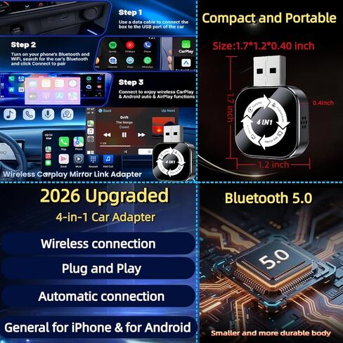 4 in 1 Wireless CarPlay Adapter 2026 Upgraded,4 in 1 Screen Mirroring Support AirPlay/Mirror Link for iPhone & Android, Mini Design, Bluetooth 5.0, USB & USB-C, Plug & Play, Wired to Wireless Convert in Kuwait