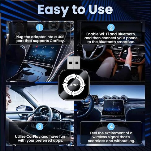 محول CarPlay اللاسلكي 4 في 1 تمت ترقيته 2026، 4 في 1 شاشة النسخ المتطابق يدعم AirPlay/رابط المرآة لأجهزة iPhone وAndroid، تصميم صغير، بلوتوث 5.0، USB وUSB-C، التوصيل والتشغيل، سلكي للتحويل اللاسلكي in Kuwait
