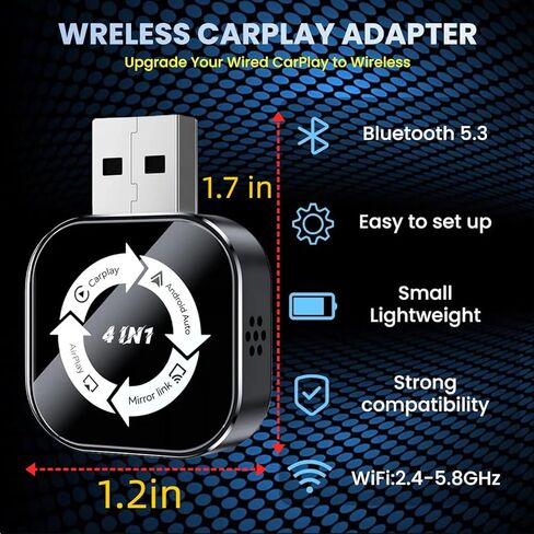 محول CarPlay اللاسلكي 4 في 1 تمت ترقيته 2026، 4 في 1 شاشة النسخ المتطابق يدعم AirPlay/رابط المرآة لأجهزة iPhone وAndroid، تصميم صغير، بلوتوث 5.0، USB وUSB-C، التوصيل والتشغيل، سلكي للتحويل اللاسلكي in Kuwait