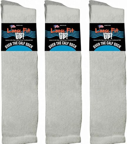 Loose Fit Stays Up Men's and Women's Over the Calf Boot Socks (Knee High) 3 PK Made in USA! Cushioned Sole in Saudi Arabia