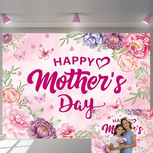 Happy Mother's Day Backdrop Pink Purple Flowers Mothers Day Photography Background I Love mom Women Queen's Day Thanks Mama Cake Table Decorations Banner (340-pink, 7X5FT(82 x 59 inch)) in Kuwait
