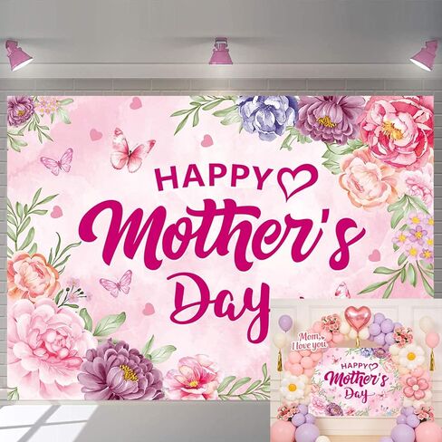 Happy Mother's Day Backdrop Pink Purple Flowers Mothers Day Photography Background I Love mom Women Queen's Day Thanks Mama Cake Table Decorations Banner (340-pink, 7X5FT(82 x 59 inch)) in Saudi Arabia