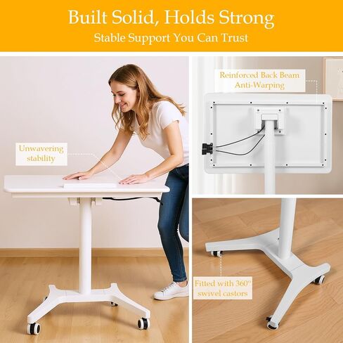 Pneumatic Laptop Standing Desk Height Adjustable Rolling Laptop Desk 80cm 90 Degree Tiltable for Home Office Classroom in Kuwait