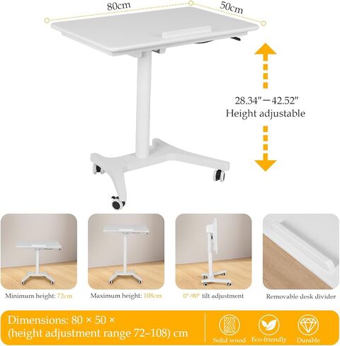 Pneumatic Laptop Standing Desk Height Adjustable Rolling Laptop Desk 80cm 90 Degree Tiltable for Home Office Classroom in Kuwait