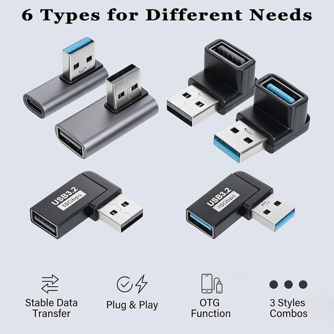 6 قطع محول 10 جيجابت في الثانية لأعلى ولأسفل يسار يمين 90 درجة زاوية يمين كابل USB 90 درجة USB 3.2 محول USB-3.2 ذكر إلى أنثى موصل تمديد الكابلات للكاميرا والماوس ولوحة المفاتيح والكمبيوتر المحمول وبنك الطاقة in Kuwait