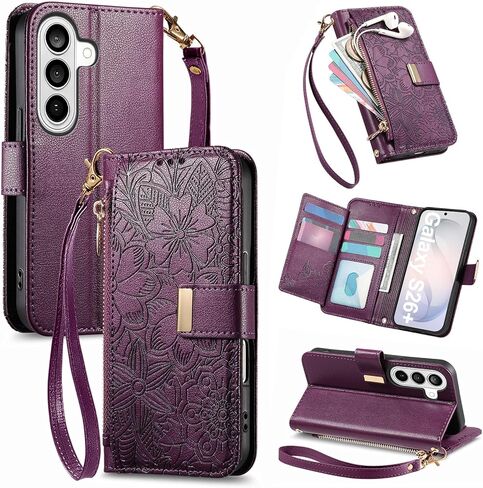 for Samsung Galaxy S26 Plus Wallet Case, Built-in Card Holder (8-10 Cards), Zipper Pocket, Wrist Strap, Stand Kickstand, Flower PU Leather Protective Phone Case Women, Brown in Kuwait