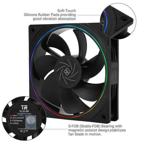Thermalrlght TL-S12R CPU Fan 120mm Black Computer Cooler Fan, Fine Aperture ARGB Halo PC,Reverse Airflow Design Chassis, 1500RPM Speed in Kuwait