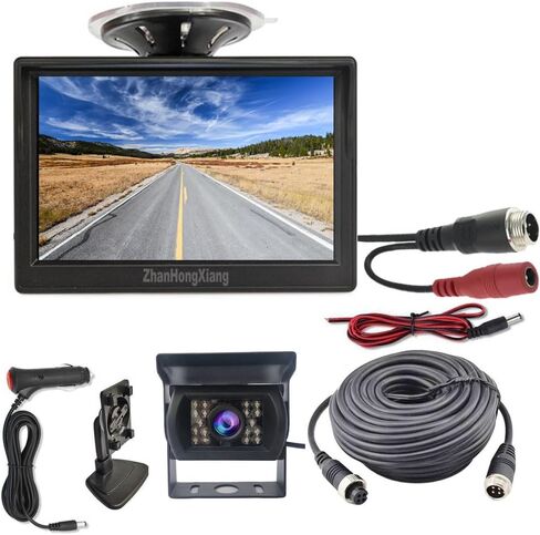 AHD 1080P Car Backup Camera System,5" LCD IPS Screen Monitor + 4 Pin 18LED Night Vision Waterproof Reverse Rear View Mirror Camera 33ft Cable for RV Bus Truck Trailer Camper 12V-24V in Kuwait