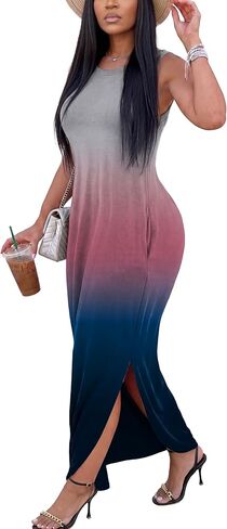 FANDEE Women's Casual Summer Loose Sunresses Long Dresses Sleeveless Split Maxi Beach Dress with Pockets in Saudi Arabia