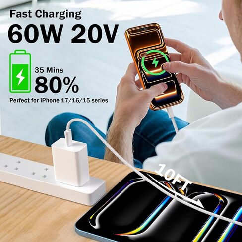 كابل USB C إلى USB C، 3 حزم كابل شحن سريع USBC بطول 10أقدام 60 وات سلك شاحن من النايلون المضفر من النوع C لأجهزة iPhone 17/16/iPad Pro/MacBook Air والمزيد [معتمد من Apple MFi] in Kuwait