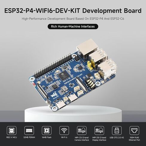 Waveshare ESP32-P4-WIFI6-DEV-KIT لوحة تطوير عالية الأداء، تعتمد على ESP32-P4 وESP32-C6، تدعم Wi-Fi 6، Bluetooth 5 وBLE 5، حزمة مع لوحة ومكبر صوت in Kuwait