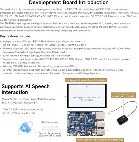 Waveshare ESP32-P4-WIFI6-DEV-KIT لوحة تطوير عالية الأداء، تعتمد على ESP32-P4 وESP32-C6، تدعم Wi-Fi 6، Bluetooth 5 وBLE 5، حزمة مع لوحة ومكبر صوت in Kuwait